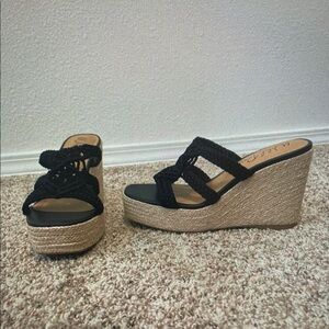 Wild Pair Black and Tan Wedge Sandals